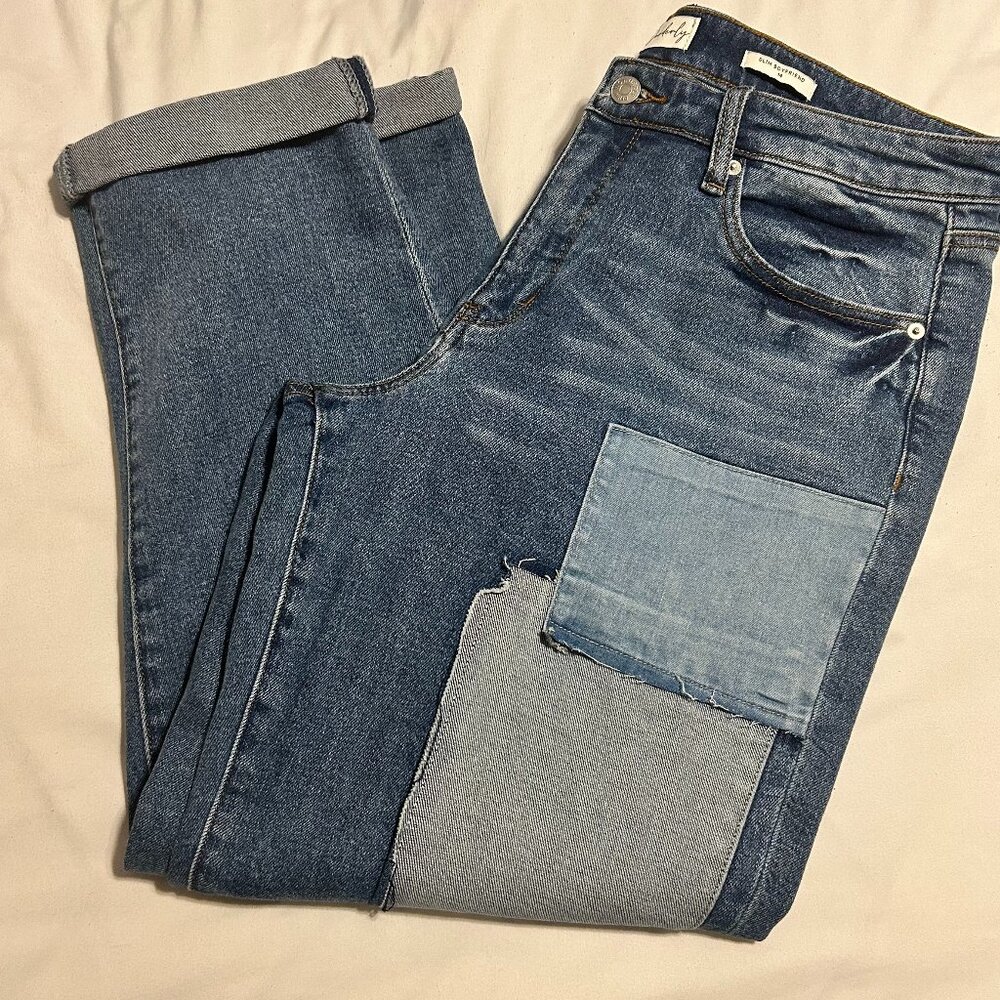 Wonderly Slim Boyfriend Patchwork Jeans Women’s Size 14R Blue Distressed Denim